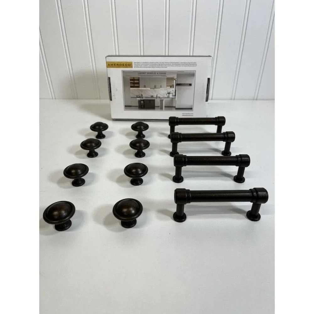 Amerdeco Cabinet Hardware. 4 long Pulls & 8 Knobs for Bathroom‎ cabinet. Brushed